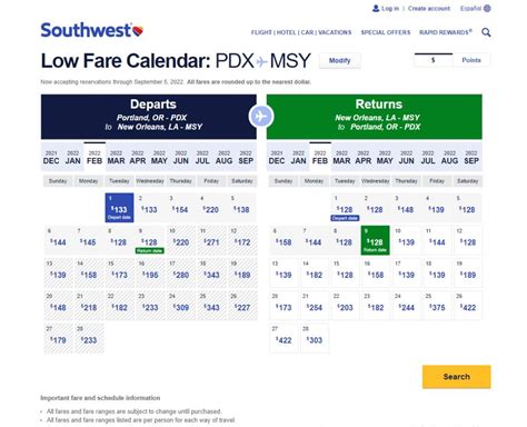 Southwest Air Low Fare Calendar