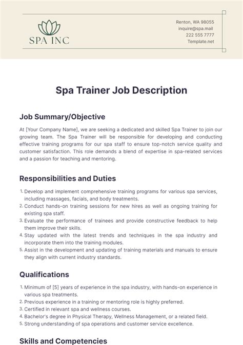 Spa Trainer Job Description
