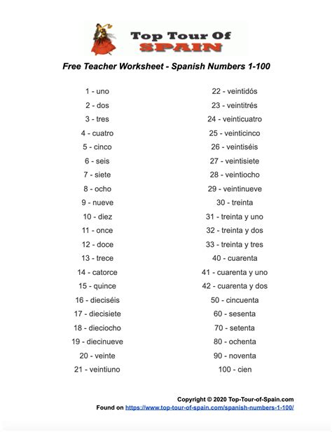 spanish numbers 1-100 practice worksheet