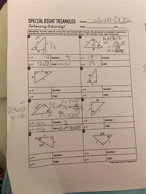 Special Right Triangles Coloring Activity Answers