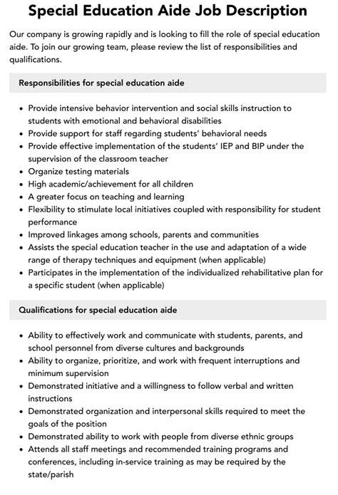 Special Needs Job Description