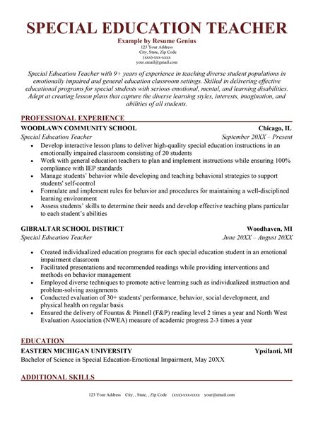 Special Needs Teacher Cv Examples