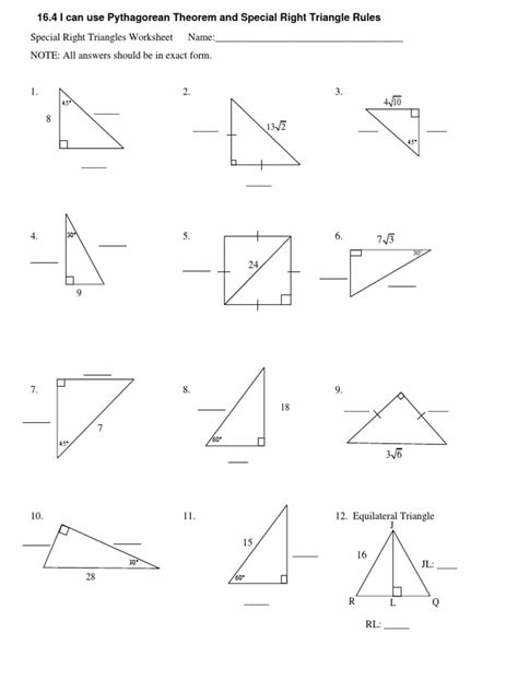 Special Right Triangles And Pythagorean Theorem Worksheet