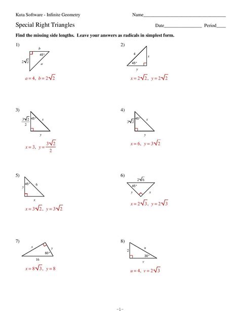 special right triangles worksheet answer key