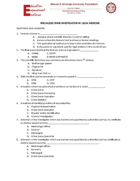 specialized crime investigation with legal medicine questions and answers ppt