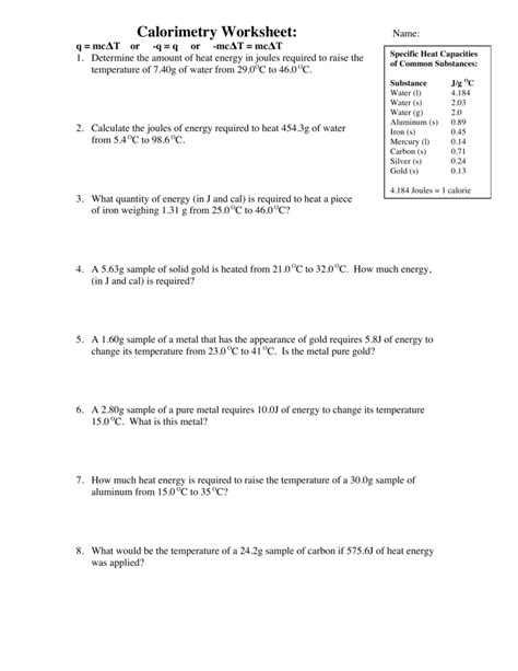 specific heat and calorimetry worksheet answer key