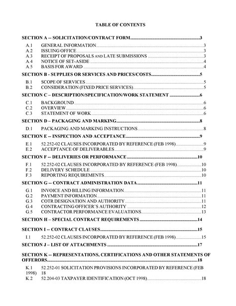 Specification Table Of Contents