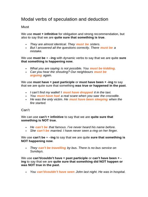 Speculation And Deduction Modal Verbs