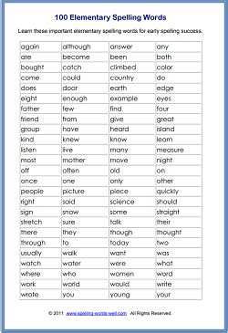 Spelling List For Elementary Students