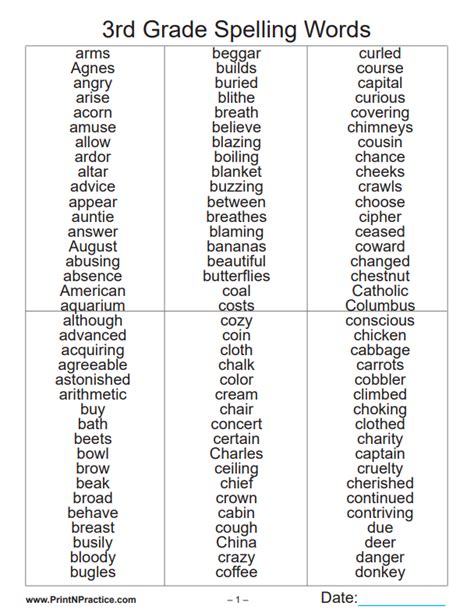 spelling words for 3rd grader printable template