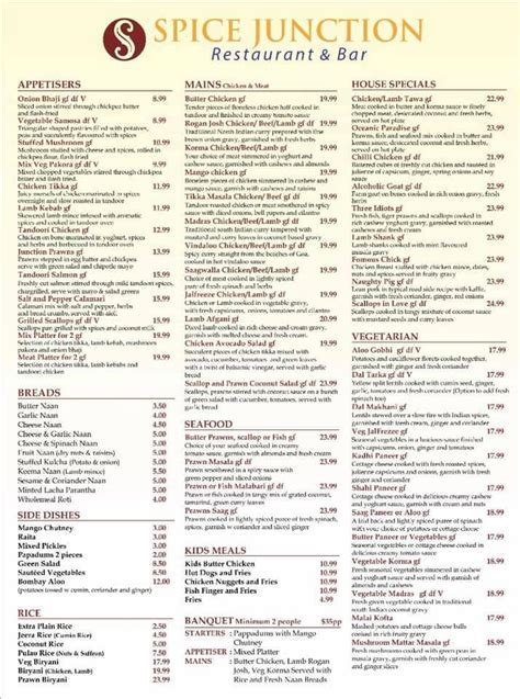 Spice Junction Printable Menu