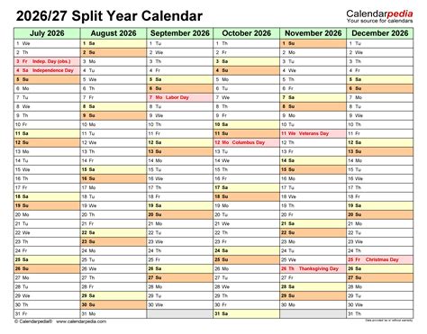 Split Year Calendar Printable