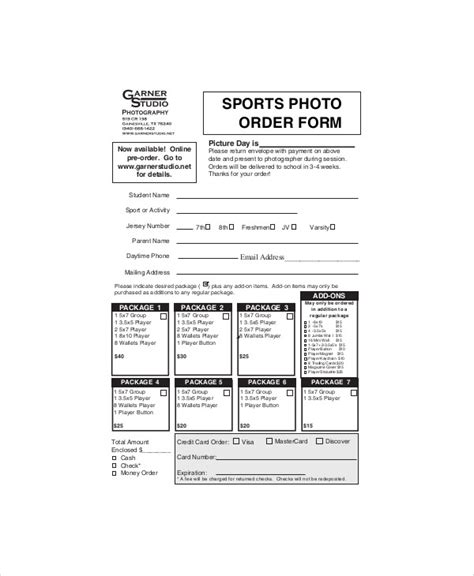 Browse Our Sample of Sports Photo Order Form Template Photography