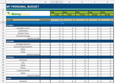 spreadsheet for budget monthly