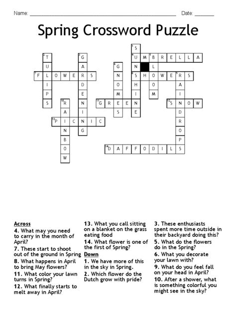 Spring Fling Crossword Puzzle Answer Key