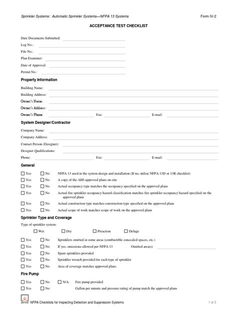 Sprinkler System Acceptance Test Checklist