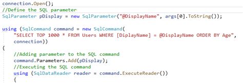 sql parameterized query example c#