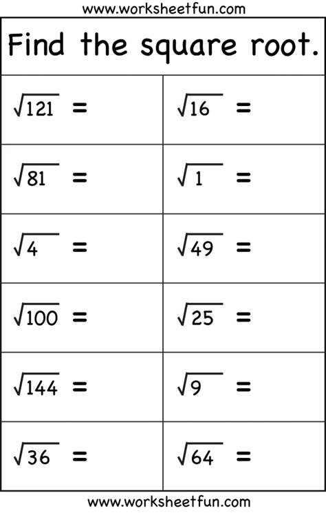 square root math problems worksheet