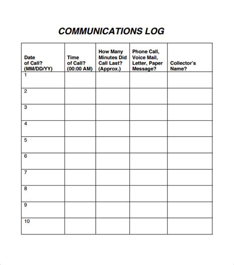 sample printable call log templates in excel employee communication log