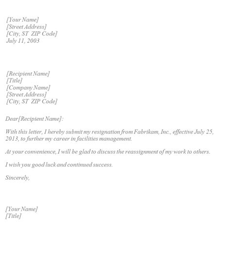Standard Resignation Letter Sample Edit, Fill, Sign