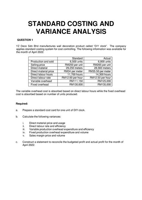 standard costing and variance analysis questions and answers