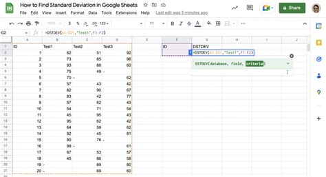 standard deviation command in google sheets