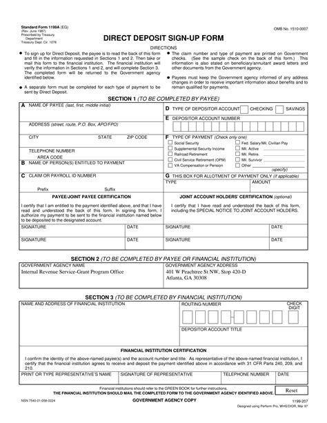 standard form 1199a direct deposit form