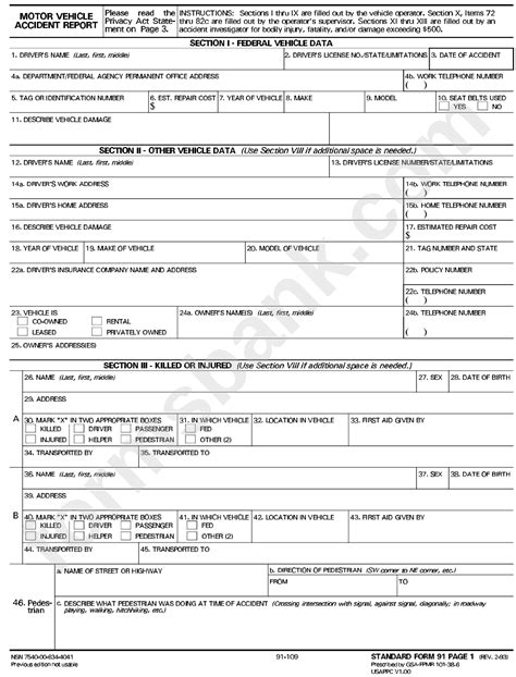 standard form 91 motor vehicle accident