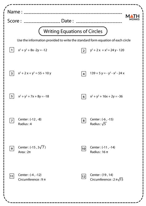 standard form of a circle worksheet