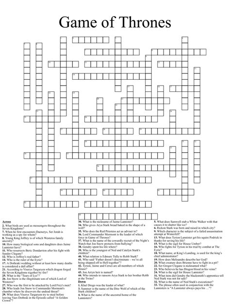Game Of Thrones Network Daily Themed Crossword Cultural Character
