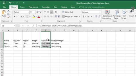 start new line in excel text box