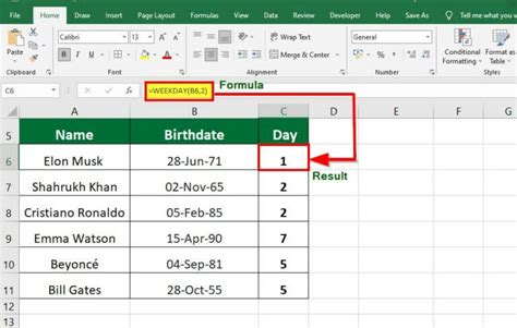 start of week formula excel