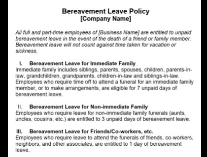 state of delaware bereavement leave policy
