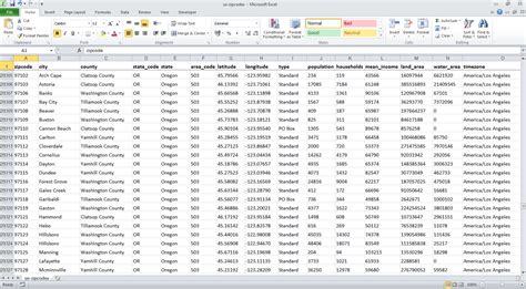 state zip code list excel