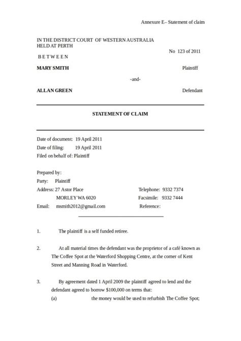 statement of claim example pdf