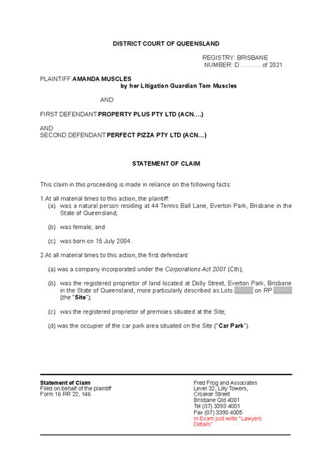 statement of claim example qld