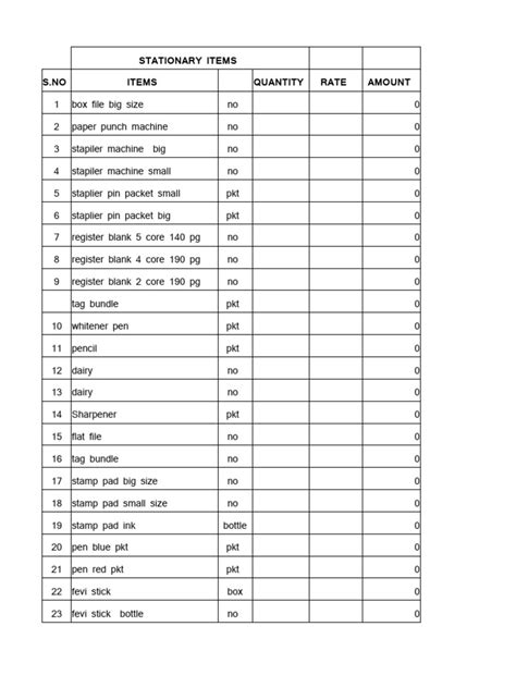 Stationery Items Pdf