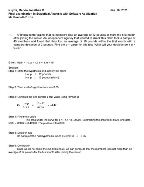 statistical analysis with software application final exam