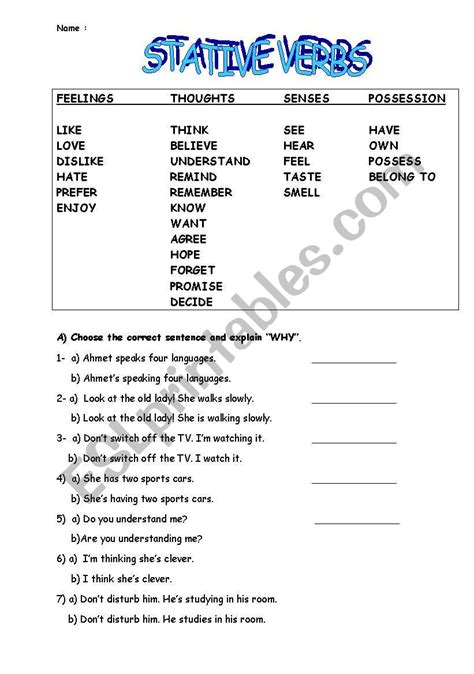 stative non stative verbs exercises
