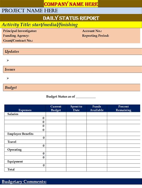 status report examples excel