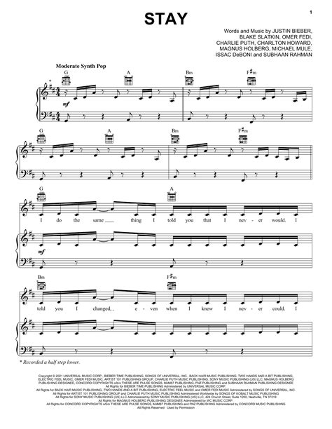 stay justin bieber piano chords