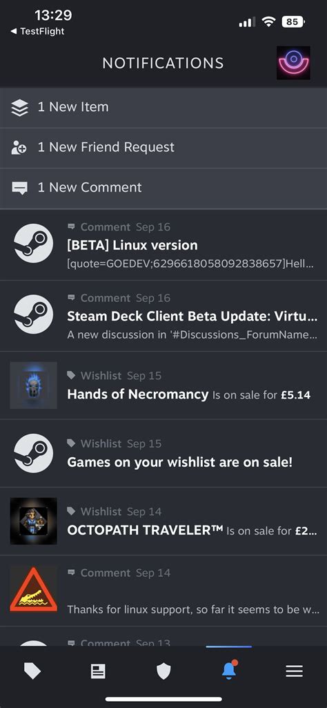 steam mobile app notifications not loading