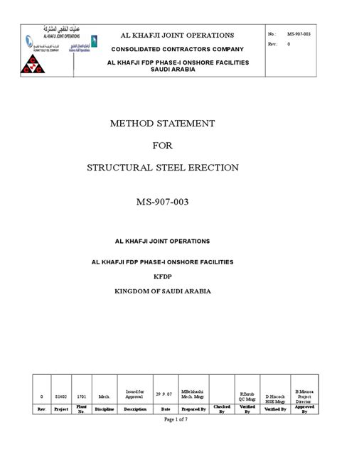 steel structure erection method statement pdf