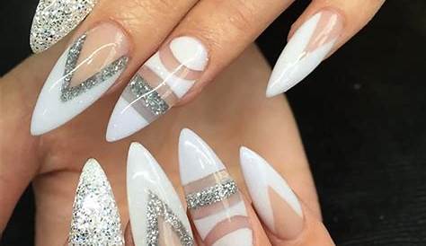Stiletto Nails White And Silver Glitter Designed Medium
