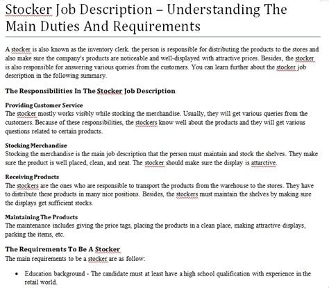 Stocker Responsibilities And Duties