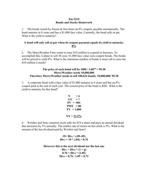 Stocks And Bonds Example Problems With Solutions
