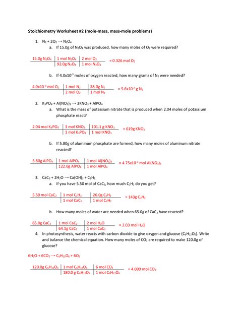 stoichiometry mass mole problems worksheet answers