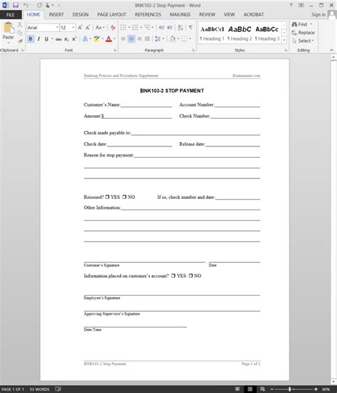 stop payment request form template
