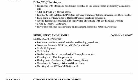Store Keeper Job Description For Resume Samples Qwik