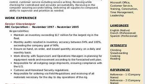 Store Keeper Resume Cv Samples For Job Chronological